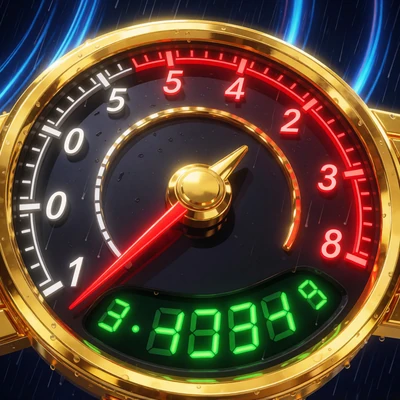 Rush 1000 Slot bei Rainbet Casino - goldenes Tacho-Interface mit gr&uuml;nen Neon-Akzenten