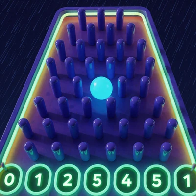 Plinko Original bei Rainbet Casino - Neon-Kugel f&auml;llt durch indigoblaue Stift-Pyramide