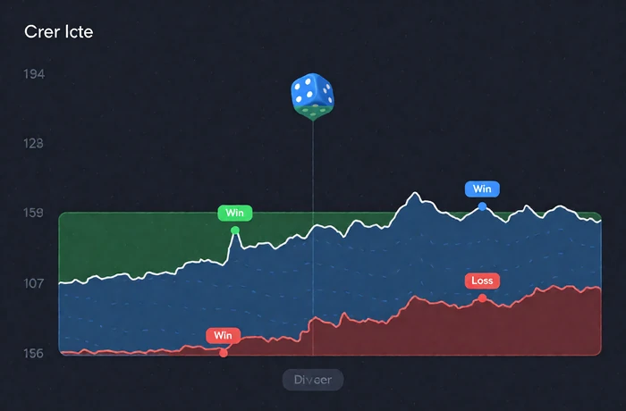 Dice Spiel Auswertung bei Provably Fair - blauer Wurf-Graph mit gr&uuml;ner Gewinnzone und roter Verlustzone