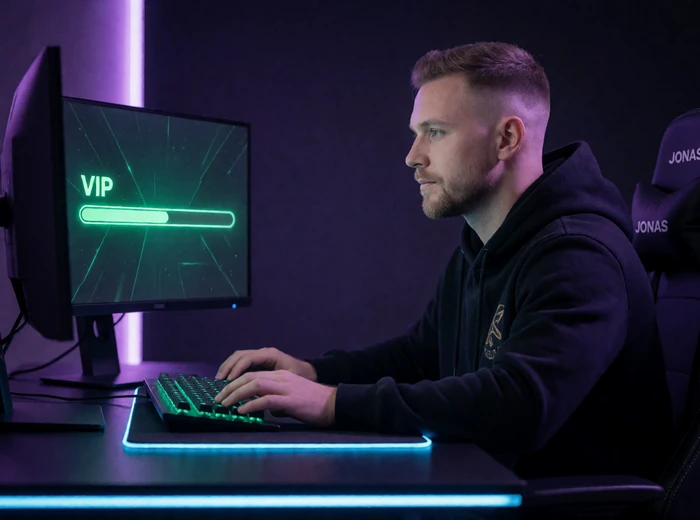 Spieler verfolgt seinen VIP-Fortschrittsbalken am Gaming-Desk im Rainbet Casino