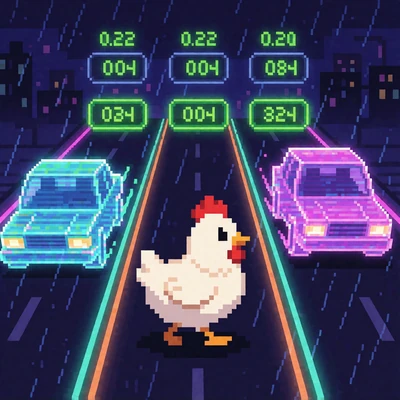 Chicken Cross bei Rainbet Casino - Pixel-Huhn &uuml;berquert leuchtende Neon-Fahrspuren