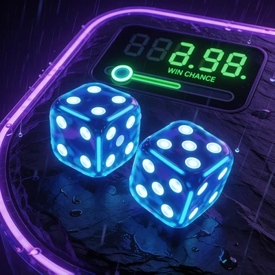 Dice Original bei Rainbet Casino - leuchtende blaue W&uuml;rfel mit Multiplikator-Anzeige