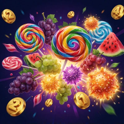 Sweet Bonanza Slot bei Rainbet Casino - bunte Candy-Frucht-Explosion mit Multiplikatoren
