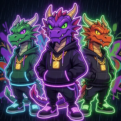 Dragon Boyz Slot bei Rainbet Casino - Neon-Drachen-Charaktere auf violettem Hintergrund