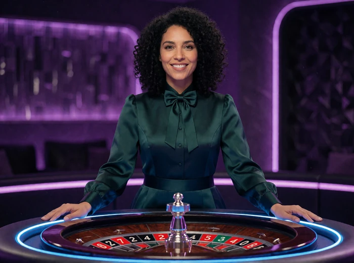 Live-Dealerin am Roulette-Tisch mit Neon-Beleuchtung im Rainbet Live Casino